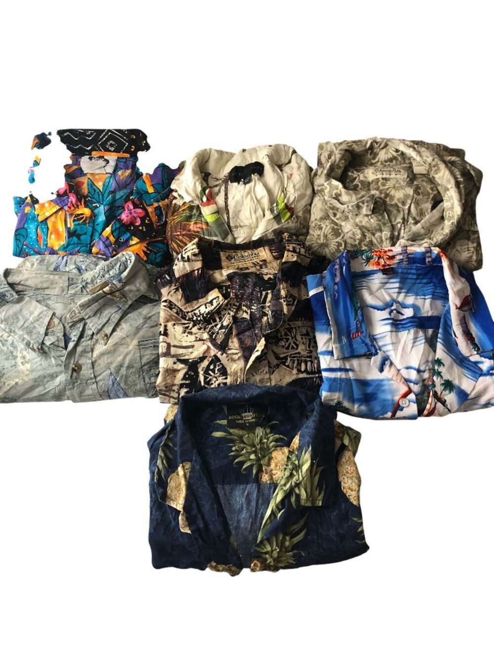 7 Assorted Mens Hawaiian Printed Shirts Damaged For Crafting/Repurpose Size L